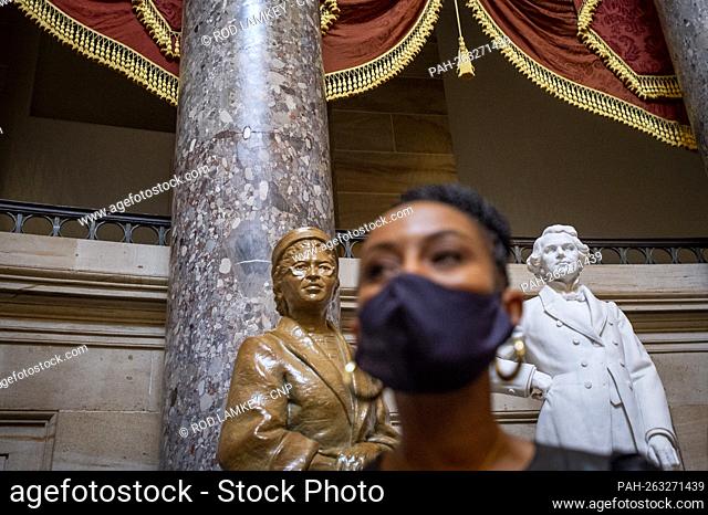 United States Representative Shontel Brown (Democrat of Ohio), stands under the statue of Civil Rights icon Rosa Parks, after being sworn-in as a member of the...