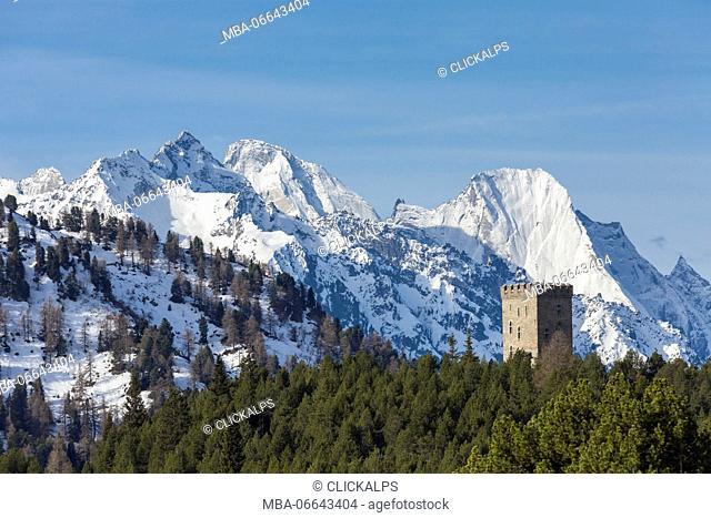 Belvedere tower framed by Piz Badile covered with snow Maloja Bondasca Valley Canton of Graubünden Engadine Switzerland Europe