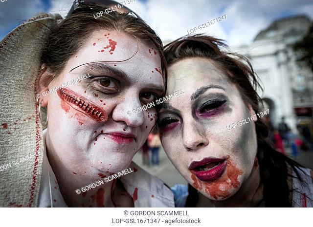England, London, Marble Arch. Participants in the annual Zombie Invasion of London raising money for St Mungo's homeless charity