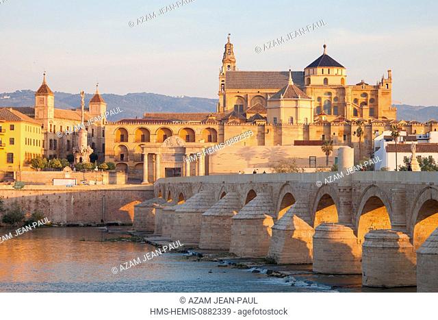 Spain, Andalousia, Cordoba, historical center listed as World Heritage by UNESCO, the 1st century BC Roman bridge over Guadalquivir river and the Mosque...