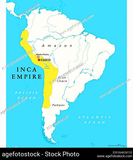 The Inca Empire at its greatest extent, about 1525, political map. Also known as Incan or Inka Empire, with capital Cusco