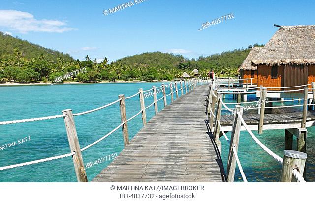 Wooden walkway to overwater bungalows in the sea, the South Seas, Malolo Island, Mamanuca Islands, Fiji