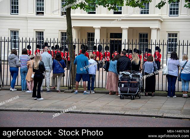 Great Britain, England, London, Royal Guard soldiers, Wellington Barracks, prepare for changing of the guard at Buckingham Palace