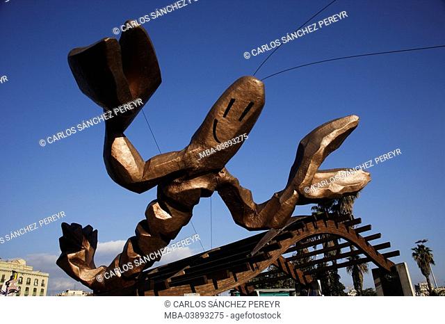 Spain, Barcelona, Port Vell, sculpture, lobsters, port, harbor, lobster-sculpture, lobster-figure, figure, tremendously, smiling, kindly, art, cleverly, merrily