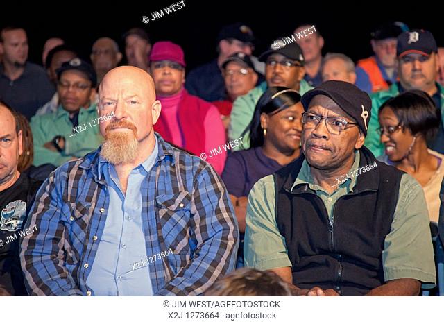 Detroit, Michigan - Workers at General Motors' Detroit-Hamtramck Assembly Plant, where the Chevrolet Volt is assembled, listen to company and union leaders...