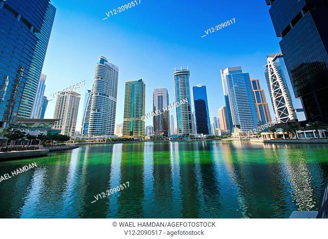 Modern high-rise apartment towers at Jumeirah Lakes Towers JLT at Dubai, UAE