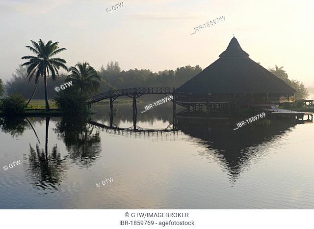 Laguna del Tesoro, Treasure Lagoon, palm trees and wooden cabins, Zapata Peninsula, Cuba, Central America