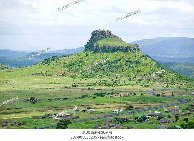 Sandlwana hill or Sphinx with village in foreground, the scene of the Anglo Zulu battle site of January 22, 1879. The great Battlefield of Isandlwana and the...