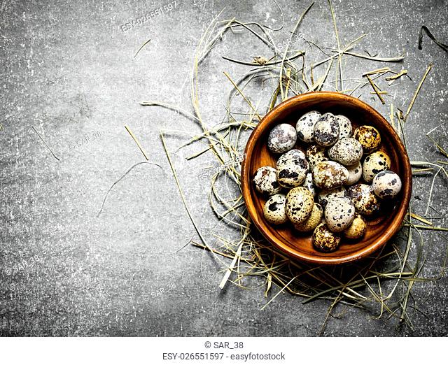 Quail eggs in bowl on the hay. On the stone table