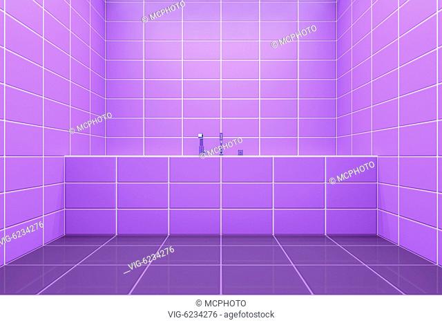 3d rendering of a purple tiled bathroom side view to the tub - 01/01/2018