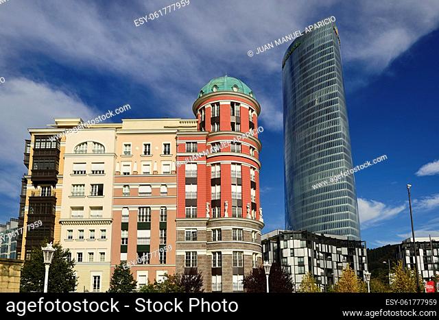 Euskadi Square, Bilbao, Basque Country, Biscay, Spain, Artklass Building by Architect Bob krier and Marc breitman, Iberdrola tower at background