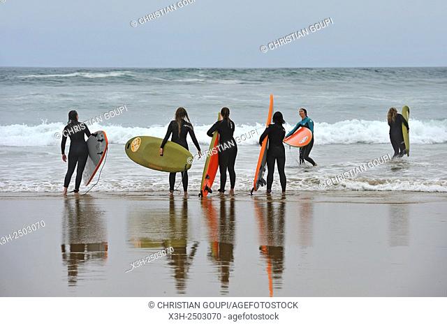 surf class on Zurriola beach, district of Gros, San Sebastian, Bay of Biscay, province of Gipuzkoa, Basque Country, Spain, Europe