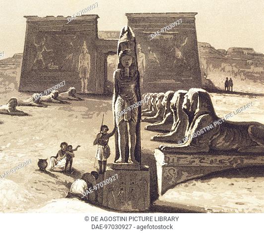 The avenue of sphinxes and the temple built by Setau in honor of Ramesses II, dedicated to Amun, Wadi el-Sebu'a (Valley of the Lions), Nubia