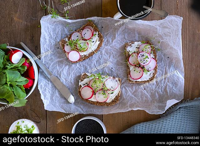 Open-Faced Sandwiches for breakfast with cream cheese, radishes, and watercress