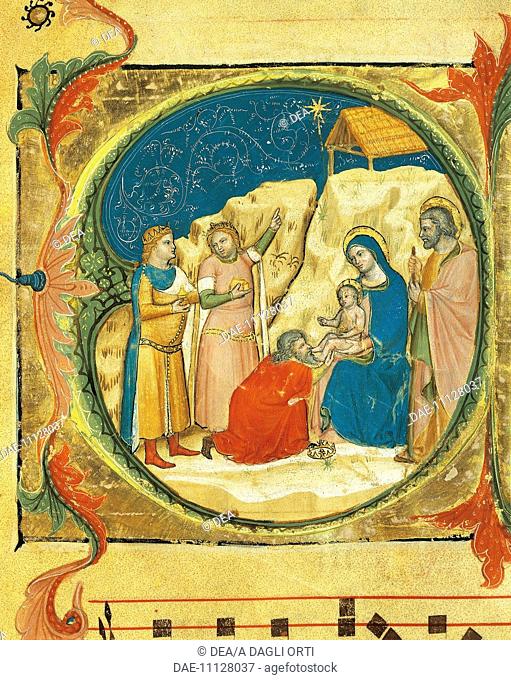 Illuminated initial capital letter O portraying the Adoration of the Magi, by Turone, ca 1360, manuscript, Italy 14th Century