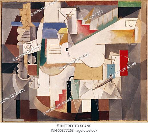Ü Kunst - Picasso, Pablo 1881 - 1973: Flasche, Gitarre und Pfeife, Gemälde, 1912/1913, Folkwang Museum, Essen kubismus Bouteille, guitare et pipe