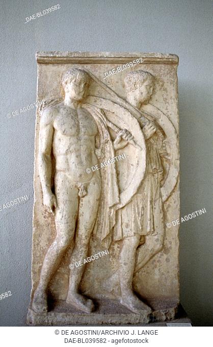 Funerary stele of the hoplites Chairedemos and Lykeas, armed with a spear and shield, 420 BC from Salamina, Greece. Greek civilisation, 4th century BC