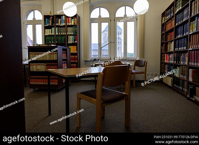 PRODUCTION - 20 October 2023, Lower Saxony, Osnabrück: View in a room of the Osnabrück Diocesan Library. Osnabrück Cathedral can be seen in the background
