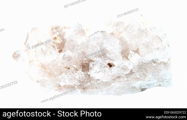 closeup of sample of natural mineral from geological collection - colorless Rock crystals (rock-crystal) in rock isolated on white background