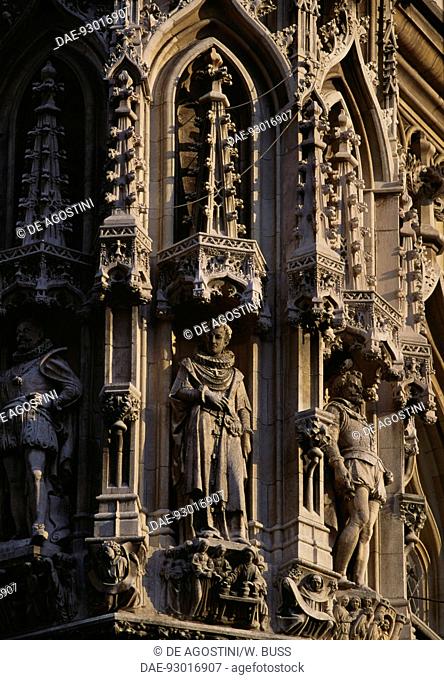 Statues and architectural detail of the Town hall, Great market square, Leuven, Belgium, 15th century