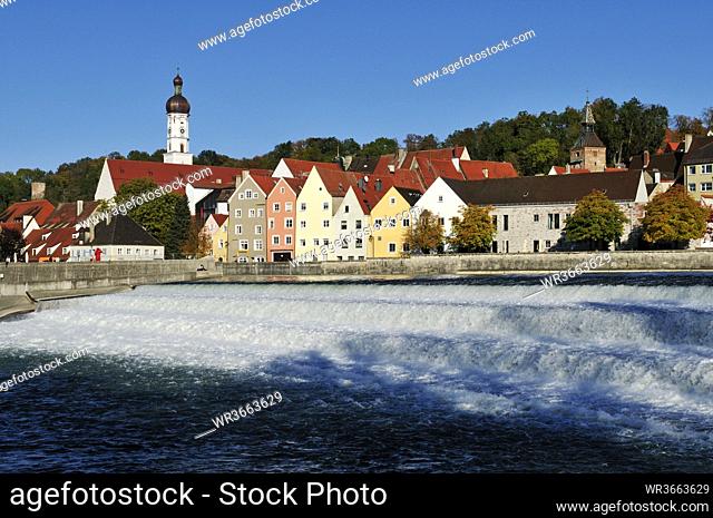 Europe, Germany, View over Lech River towards Landsberg