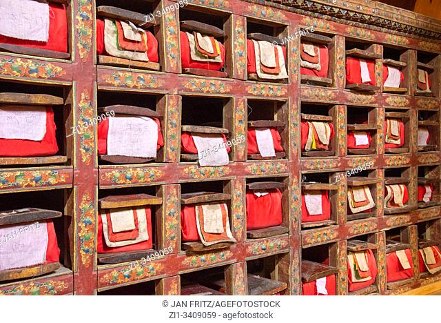 old holy books at library of old palace of Leh in Ladakh, India