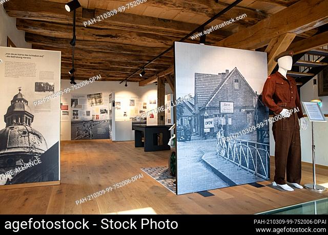 08 March 2021, Lower Saxony, Haren: View of display boards in the museum ""Inselmühle"". Haren (Ems) was occupied by Poland from 1945 to 1948