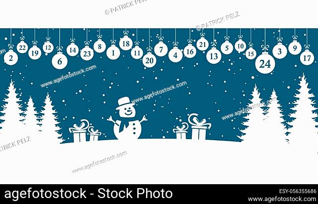 hanging christmas balls colored white with numbers 1 to 24 showing advent calendar for xmas and winter time concepts with wintry fir tree background and snow...