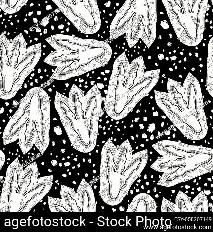 Two graphic dinosaur footprints on the ground. Vector prehistoric seamless pattern drawn in engraving technique. Coloring book page design