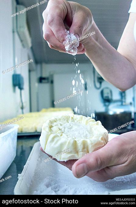 Woman's hand sprinkling flour on cheese at dairy