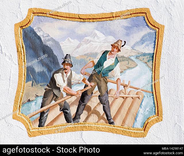 Lüftlmalerei (traditional painting) in Mittenwald, Upper Bavaria, rafting and trift (from treiben in the sense of to float) mean transportation of floating logs