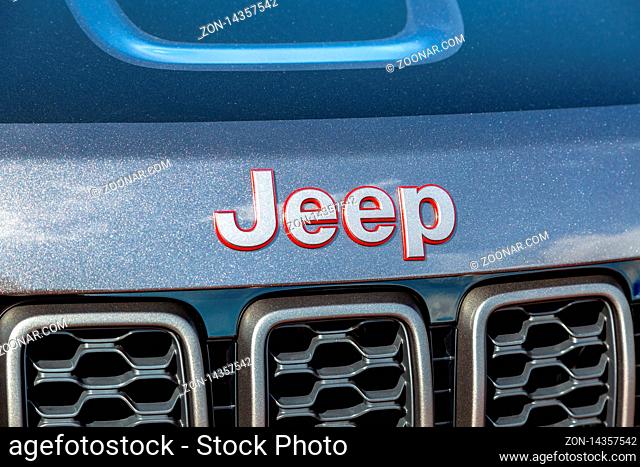 Moscow, Russia - September 9, 2019: Closeup of Jeep logo on the car. American automobile manufacturer