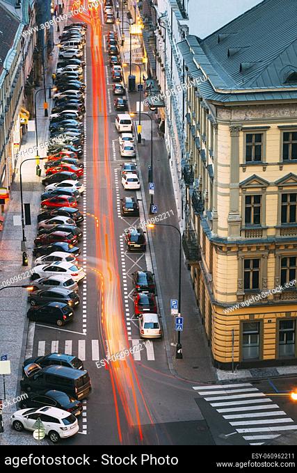 Prague, Czech Republic. Top View Of Traffic And Parked Cars On The Hybernska Street