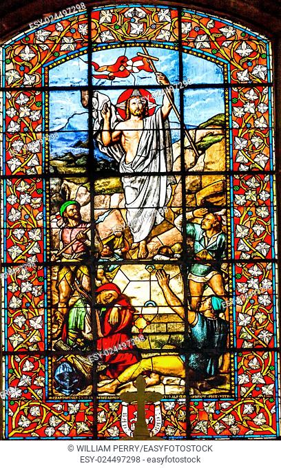 Jesus Christ Resurrection Stained Glass Basilica Saint Louis En L'ile Church Paris France. Saint Louis En L'ile church built in Notre Dame was built in 1726 on...