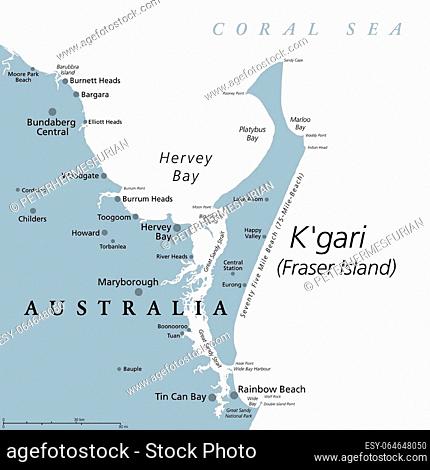 K'gari, formerly Fraser Island, gray political map. Worlds largest sand island along the coast of Queensland, Australia, with 75-Mile-Beach