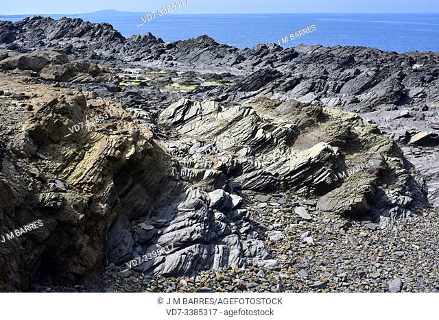 Slate, sandstone and turbidite from Carboniferous. This photo was taken in Cap Favaritx, Menorca Island, Balearic Islands, Spain
