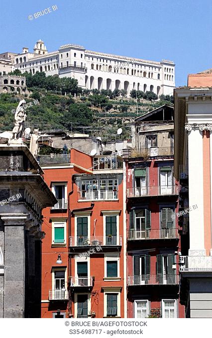 The view of hill of Pizzofalcone from Piazza del Plebiscito. Naples. Campania. Italy