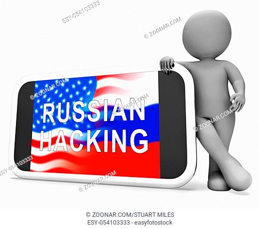 Telephone Hacker Web Espionage Alert 3d Illustration Shows Russian Internet Server Breach. Cybersecurity Protection From Russian Hackers Against American...