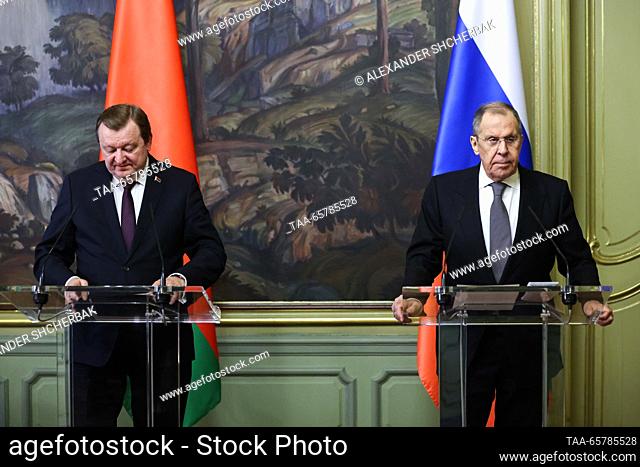 RUSSIA, MOSCOW - DECEMBER 15, 2023: Belarus' Foreign Minister Sergei Aleinik (L) and his Russian counterpart Sergei Lavrov give a press conference after a joint...