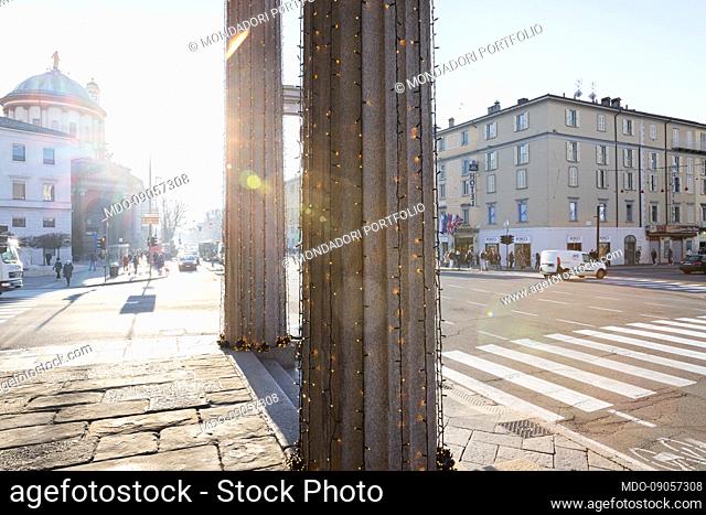 Propylaea of ??Porta Nuova, monumental gateway in the lower city. Bergamo (Italy), December 3, 2021