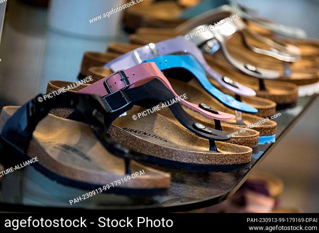 13 September 2023, Berlin: Birkenstock models stand in a retail store of the shoe manufacturer. The company plans to go public in New York
