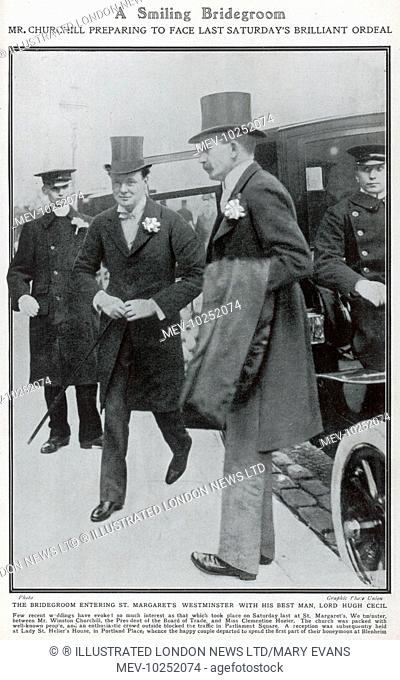 Winston Churchill, attended by his best man, Lord Hugh Cecil, arriving at St. Margaret's Church in Westminster for his marriage to Miss Clementine Hozier on...