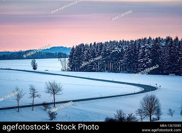 Winter, snow, road on the Swabian Alb after sunset, Baden-Wuerttemberg, Germany, Europe