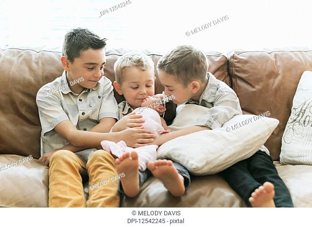 Three young boys with their newborn baby sister; Surrey, British Columbia, Canada