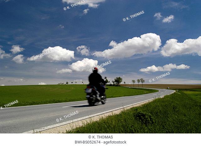 curvy road, fields, avenue, white clouds in blue sky, Austria, Lower Austria, Weinviertel