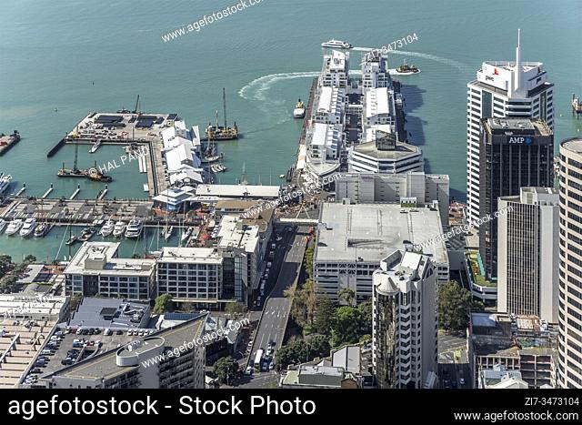 AUCKLAND, NEW ZEALAND - November 05 2019: cityscape from above of harbor and high buildings at cool downtown of dynamic city