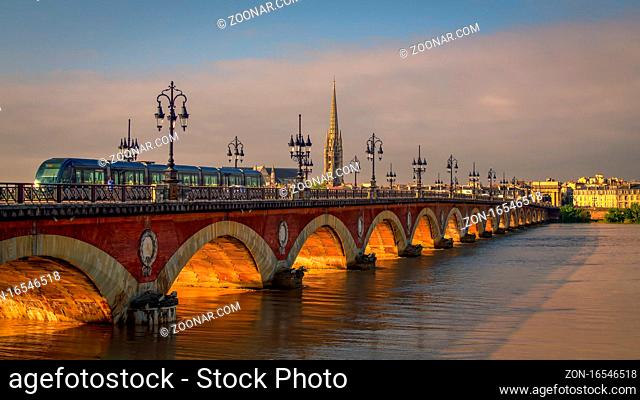 Tram Passing over the Pont de Pierre Spanning the River Garonne in Bordeaux