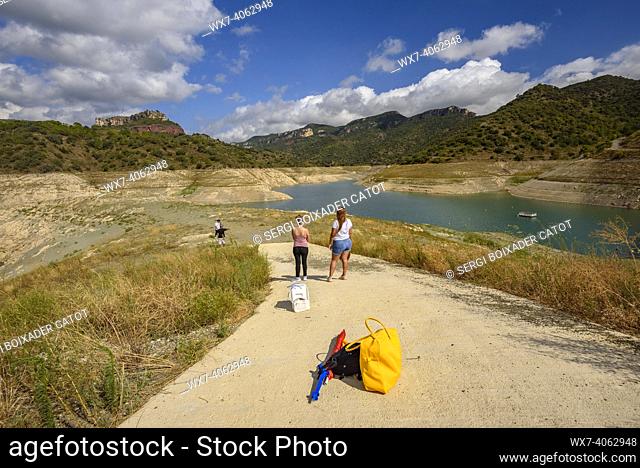 Siurana reservoir almost dry, at 8%, during the 2022 drought (Priorat, Tarragona, Catalonia, Spain)