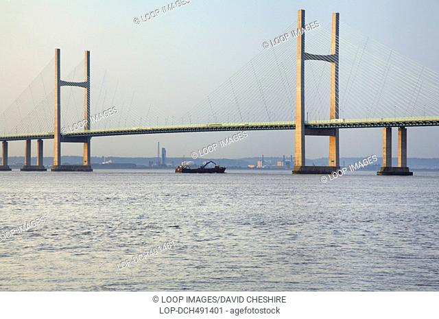 Dredging vessel passing beneath the Second Severn Crossing