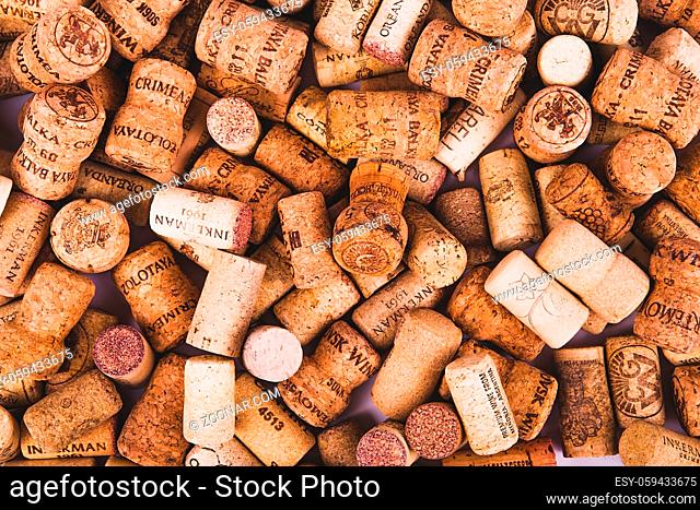 Close-up of group of wine corks. Closeup pattern background of many different wine corks